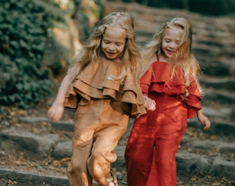 Orange Flower Girl Jumpsuit, Boho Linen Toddler Jumpsuit, Boho Flower Girl Dress