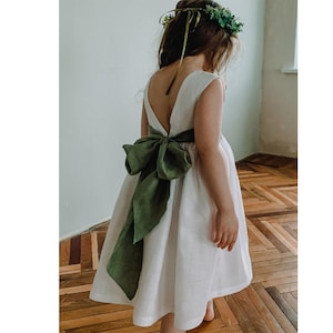 White Flower Girl Dress with Sash, Linen Occasion Toddler Dress, Ivory Boho Flower Girl Dress