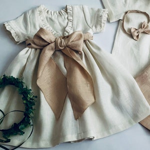 Ivory Linen Flower Girl Dress: Boho Short Sleeve Dress