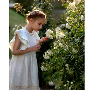 First Communion Dress with Lace Ivory Linen Flower Girl Dress
