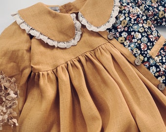 Mustard Baby Dress, Flower Dress, Linen Dress