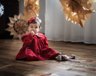 Christmas Baby Outfit, Dark Red Toddler Dress with Long Sleeve, Christmas Baby Dress, Flower Girl Dress, Linen Clothing Girls