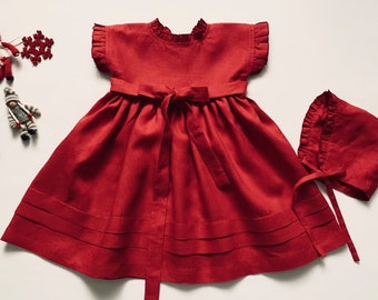 Christmas Girl Dress, Red Baby Dress with Short Sleeve, First Christmas