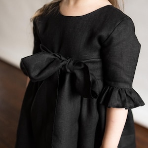 Black Linen Flower Girl Dress: V-Back Bow, Occasion Toddler Dress