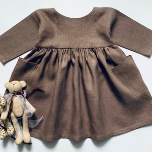 花柄リネン幼児ドレス、リネンベビードレス、長袖ガールドレス、リネンガールズ服、
