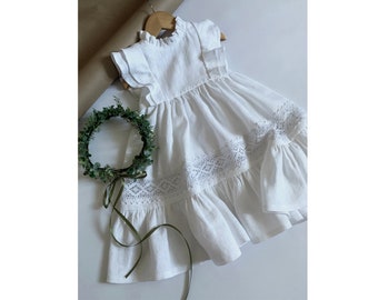White Lace Flower Girl Dress, Linen Flower Girl Dress, Bohemian Flower Girl Dress, Junior Bridesmaid