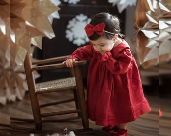 Dark Red Toddler Dress with Long Sleeve, Christmas Baby Dress, Flower Girl Dress, Linen Clothing Girls