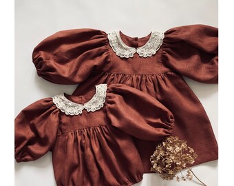 Linen Flower Girl Dress, Rust Boho Toddler Dress