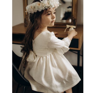 Ivory Linen Flower Girl Dress: V-Back Occasion Dress with Sleeves