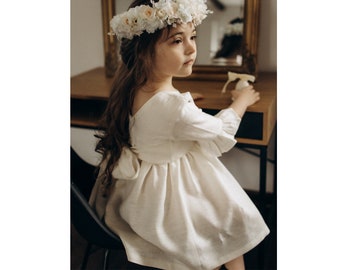 Linen Flower Girl Dress V-Back, Ivory Occasion Toddler Dress, White Elegant Bridal Flower Girl Dress, Sage Boho Flower Girl Dress