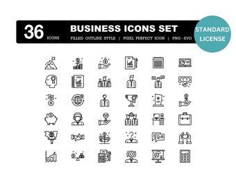 May include: A set of 36 black and white business icons in a filled outline style. The icons depict various business concepts such as growth, success, teamwork, finance, and technology. The icons are pixel perfect and can be used for websites, apps, and presentations.
