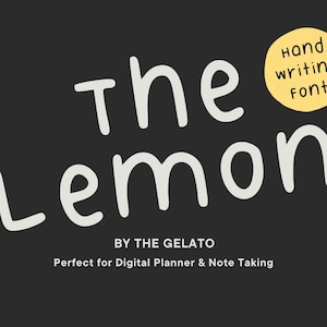 Op de afbeelding: Het handgeschreven lettertype The Lemon, een wit lettertype op een zwarte achtergrond met de tekst "Hand writing font" in een gele cirkel.