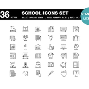 May include: A set of 36 black and white school icons in a filled outline style. The icons include a microscope, laptop, calendar, test tubes, diploma, document, school bus, lightbulb, calculator, trophy, books, suitcase, globe, thumbs up, whiteboard, pencil, backpack, open book, paint palette, ruler, graduation cap, and more.