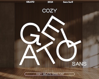 Può includere: Un design di font bianco chiamato "Cozy Gelato Sans" con la parola "Gelato" in un design stilizzato e sovrapposto. Il font è un font sans serif.