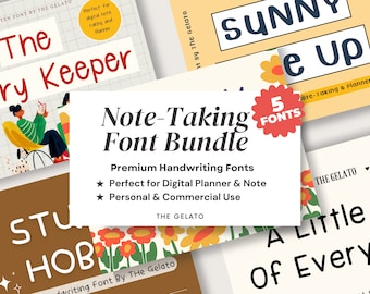 Può includere: Una collezione di cinque font scritte a mano per prendere appunti e pianificatori. I font sono visualizzati su sfondi colorati con illustrazioni floreali. Il testo "Note-Taking Font Bundle" è visualizzato in un grande carattere in grassetto. Il testo "5 Fonts" è visualizzato in un cerchio con uno sfondo rosso.