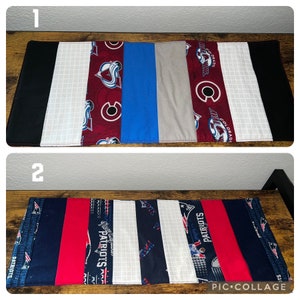 May include: Two table runners, one with a Colorado Avalanche theme and the other with a New England Patriots theme. The Colorado Avalanche runner is red, white, blue, and gray with the team logo. The New England Patriots runner is red, white, blue, and black with the team logo.