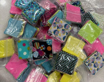 Reusable facial clothes, variety of patterns, 3 inch square wipes in a mix of fabrics