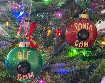 Santa Cam, Elf Cam, Christmas Ornament, Shatter Proof, Gifts for Kids, Grandkids, Red Glitter, Green Glitter, Plastic Ornament