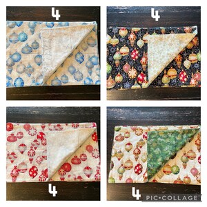 May include: A collage of four Christmas-themed placemats. Each placemat features a different pattern, including blue ornaments, red ornaments, and gold snowflakes. The placemats are reversible, with a contrasting pattern on the back. The number "4" is in the corner of each image.