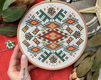 Ukrainian embroidery folk art, ethnic wall hanging, geometric embroidered hoop with floral motifs