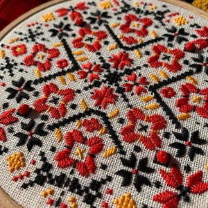 Ukrainian geometric embroidery hoop art, traditional wall ornament, folk ethnic motifs image 4