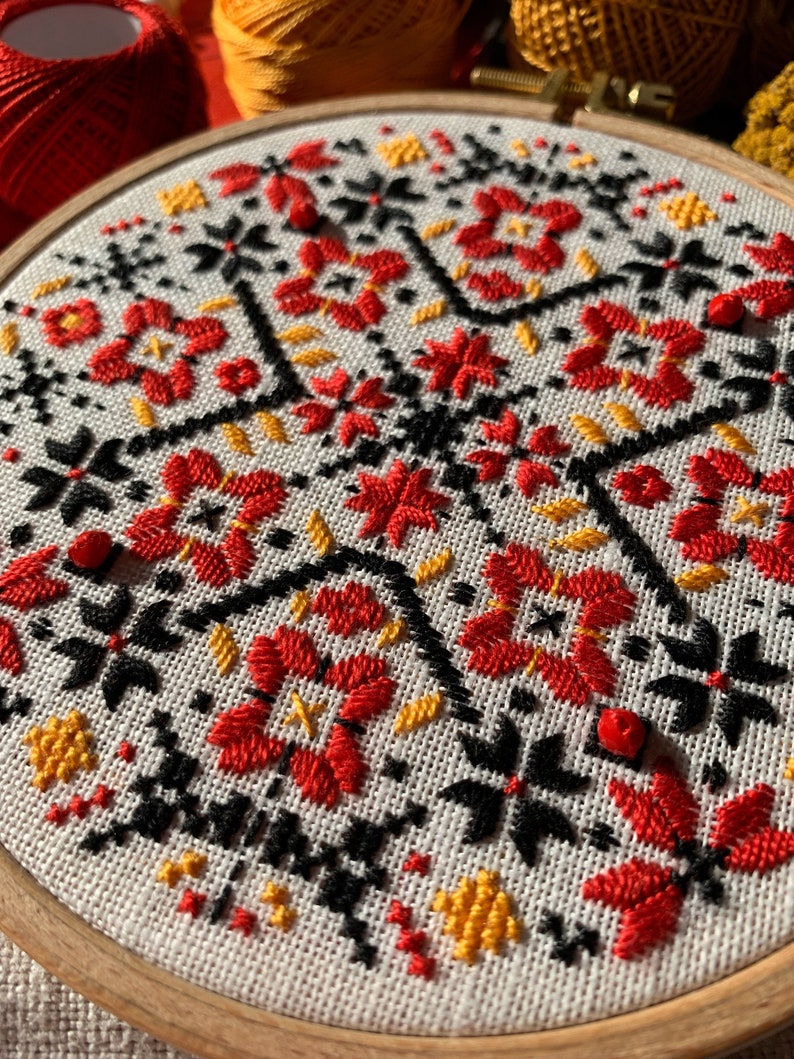 Ukrainian geometric embroidery hoop art, traditional wall ornament, folk ethnic motifs image 4