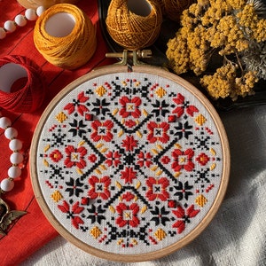 Ukrainian geometric embroidery hoop art, traditional wall ornament, folk ethnic motifs image 1