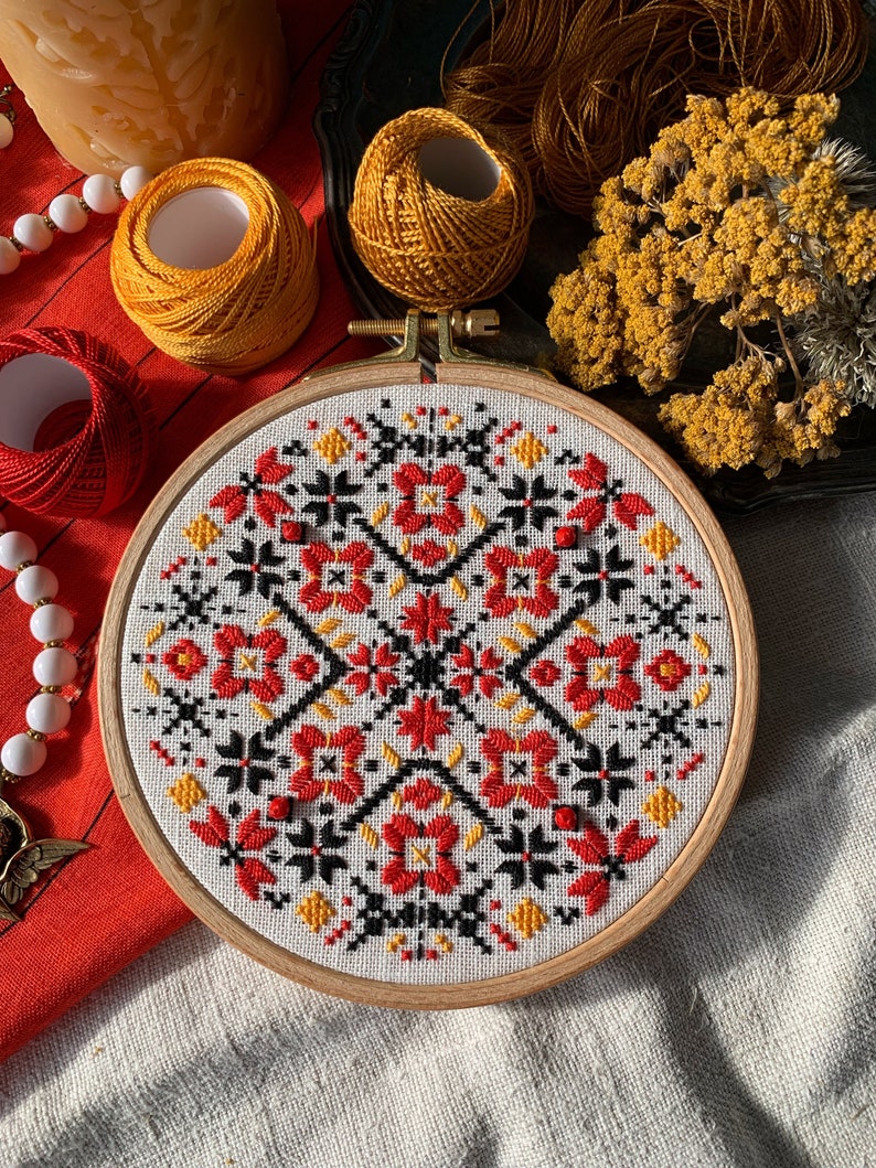 Ukrainian geometric embroidery hoop art, traditional wall ornament, folk ethnic motifs image 1