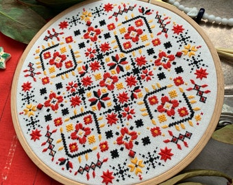 Ukrainian folk art embroidered hoop, ethnic home decor, round wall hanging, traditional motifs