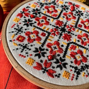 Ukrainian geometric embroidery hoop art, traditional wall ornament, folk ethnic motifs image 2