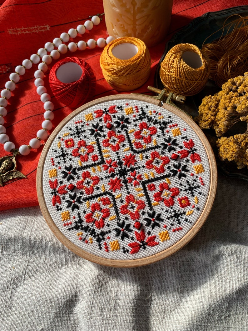 Ukrainian geometric embroidery hoop art, traditional wall ornament, folk ethnic motifs image 3