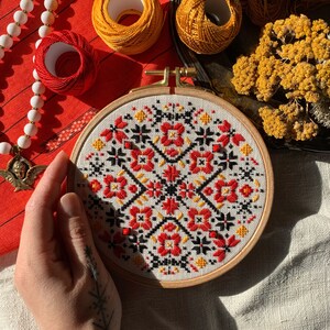 Ukrainian geometric embroidery hoop art, traditional wall ornament, folk ethnic motifs image 5