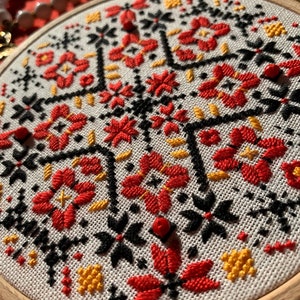 Ukrainian geometric embroidery hoop art, traditional wall ornament, folk ethnic motifs image 9