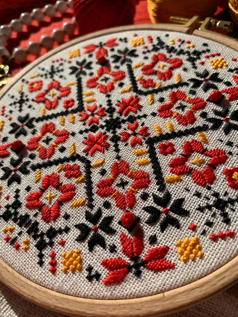 Ukrainian geometric embroidery hoop art, traditional wall ornament, folk ethnic motifs image 9