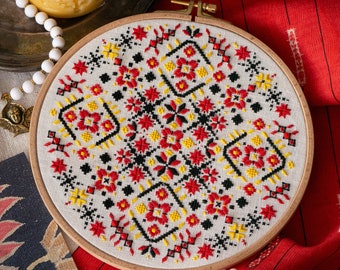 Ukrainian folk art embroidered hoop, ethnic home decor, round wall hanging, traditional motifs