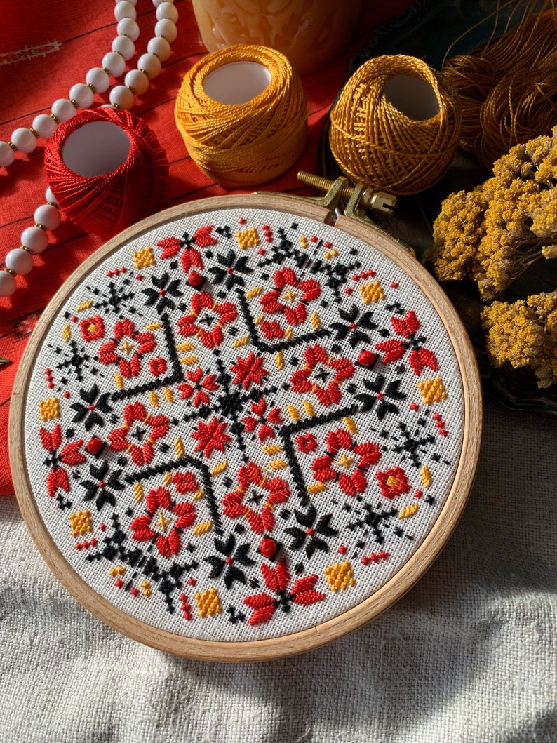 Ukrainian geometric embroidery hoop art, traditional wall ornament, folk ethnic motifs image 10