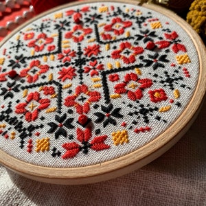 Ukrainian geometric embroidery hoop art, traditional wall ornament, folk ethnic motifs image 7