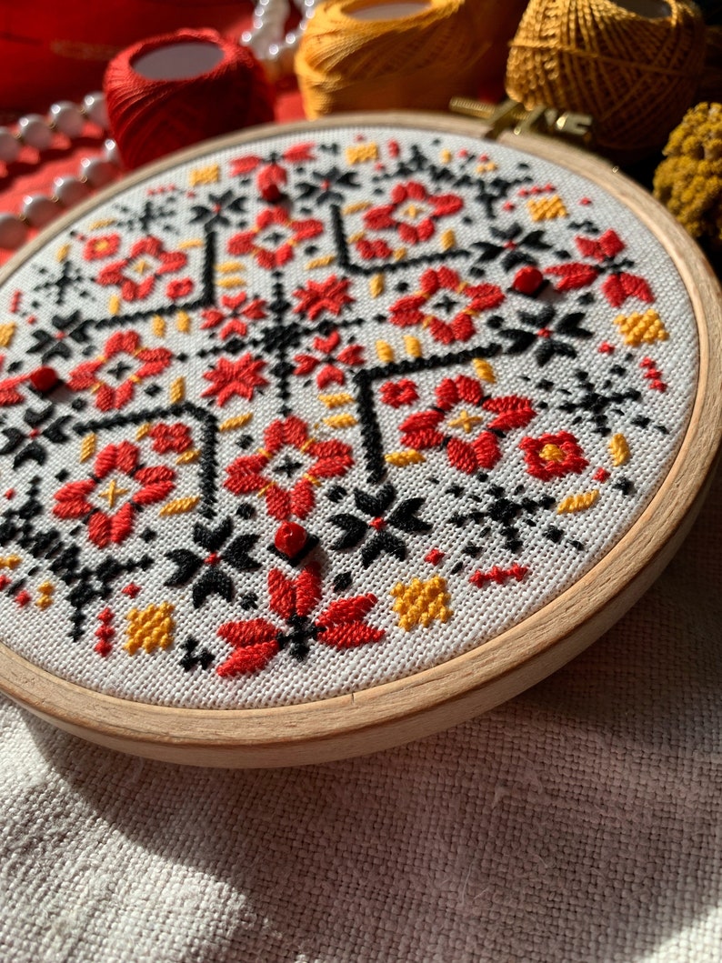 Ukrainian geometric embroidery hoop art, traditional wall ornament, folk ethnic motifs image 7
