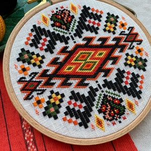 ウクライナの刺繍民芸品、民族的な壁掛け、花のモチーフが入った幾何学的な刺繍のフープ