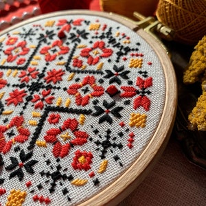 Ukrainian geometric embroidery hoop art, traditional wall ornament, folk ethnic motifs image 8