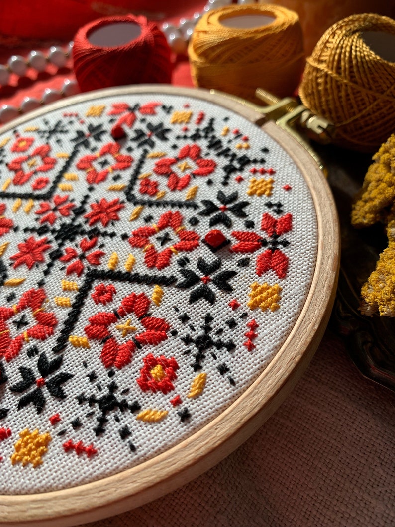 Ukrainian geometric embroidery hoop art, traditional wall ornament, folk ethnic motifs image 8