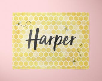 Personalized Bee & Honeycomb  Minky Blanket for baby, toddler - Custom name - Baby Shower Gift - Stroller Blanket - Car Seat Blanket