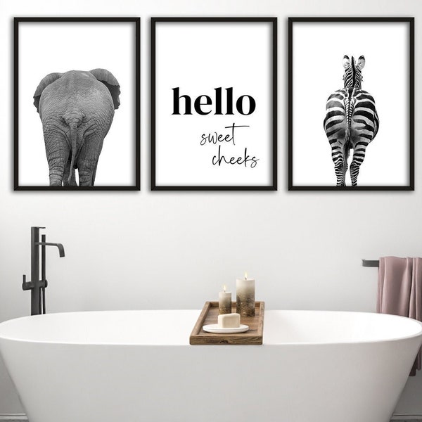Hello Sweet Cheeks Elephant Zebra Quote, Set of 3 Unframed Print, Funny Bathroom Print, Bathroom Decor, Eucalyptus, Get Naked, Wash Ya Hands