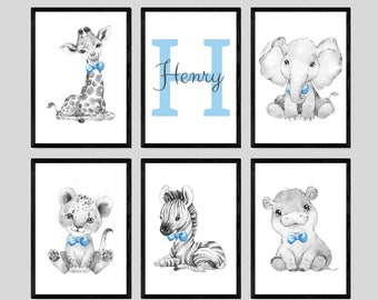 Safari Animals Baby Boys Nursery Prints Set Of 6 Unframed Personalised Name Grey Blue Bow Tie Gift Giraffe Elephant Hippo Lion Zebra