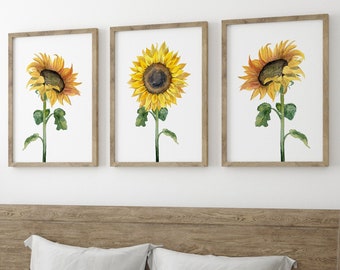 Sunflower Wall Art Set of 3 Unframed Print, Home Decor, Kitchen Living Room Poster, Bedroom Wall Art