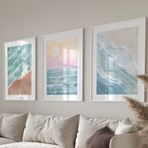 Boho Beach Waves Sunset Set of 3 Unframed Wall Poster Prints, Abstract Beach Sea Coastal Landscape, Bathroom Lounge Bedroom Home Décor