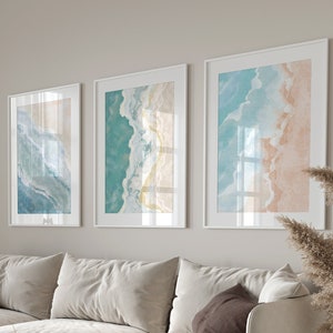 Beach Waves Set of 3 Unframed Wall Poster Print, Sunset Sunrise Beach Landscape Art, Abstract Landscape, Coastal Beach Vibes, Pale Waves