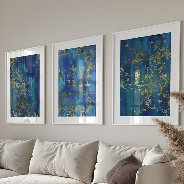 Abstract Blue Gold Textures Set of 3 Unframed Wall Print, Acrylic Textures, Modern Abstract Wall Art, Home Décor, Fine Art, Blue Gold Paint