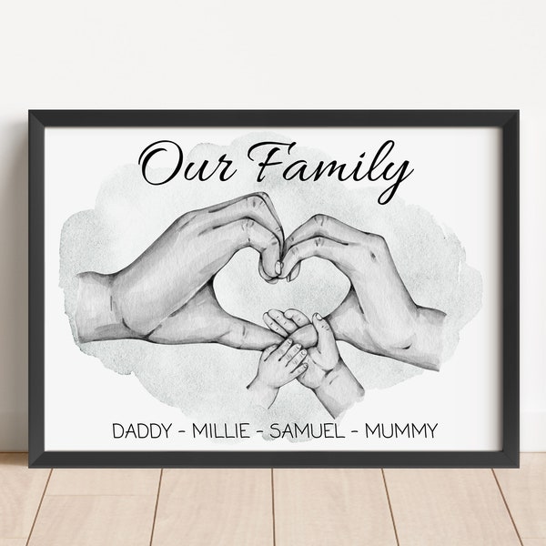 Personalised Family Hands Unframed Portrait Print, New baby gift, Family Home Wall Art, Family Present Black & White Hands Pink Blue Splash