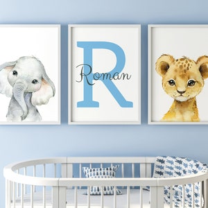 Safari Animals Boy Girl Set Of 3 Unframed Nursery Bedroom Poster Prints, Personalised Name Blue Green Yellow, Giraffe Elephant Lion Panda